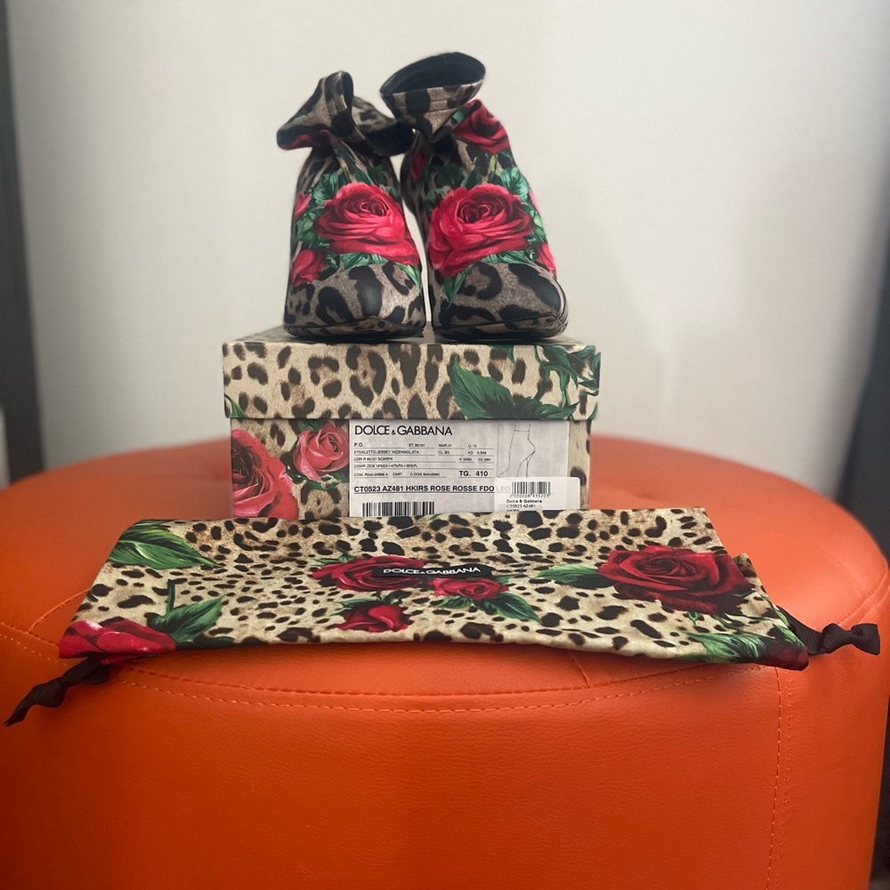 Dolce & Gabbana Stivaletto Leopard and Rose Print Booties